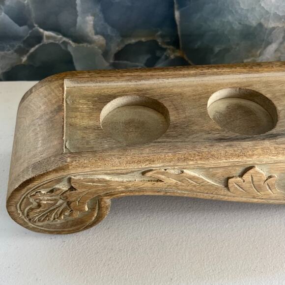 Hand-Carved Distressed Wood Candle Holder Tea Light Fits 5 Candles - Picture 4 of 15